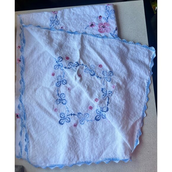 Vintage White Linen Tablecloth Blue Crocheted Edge & Floral Cross Stitch Embroid - Picture 9 of 9